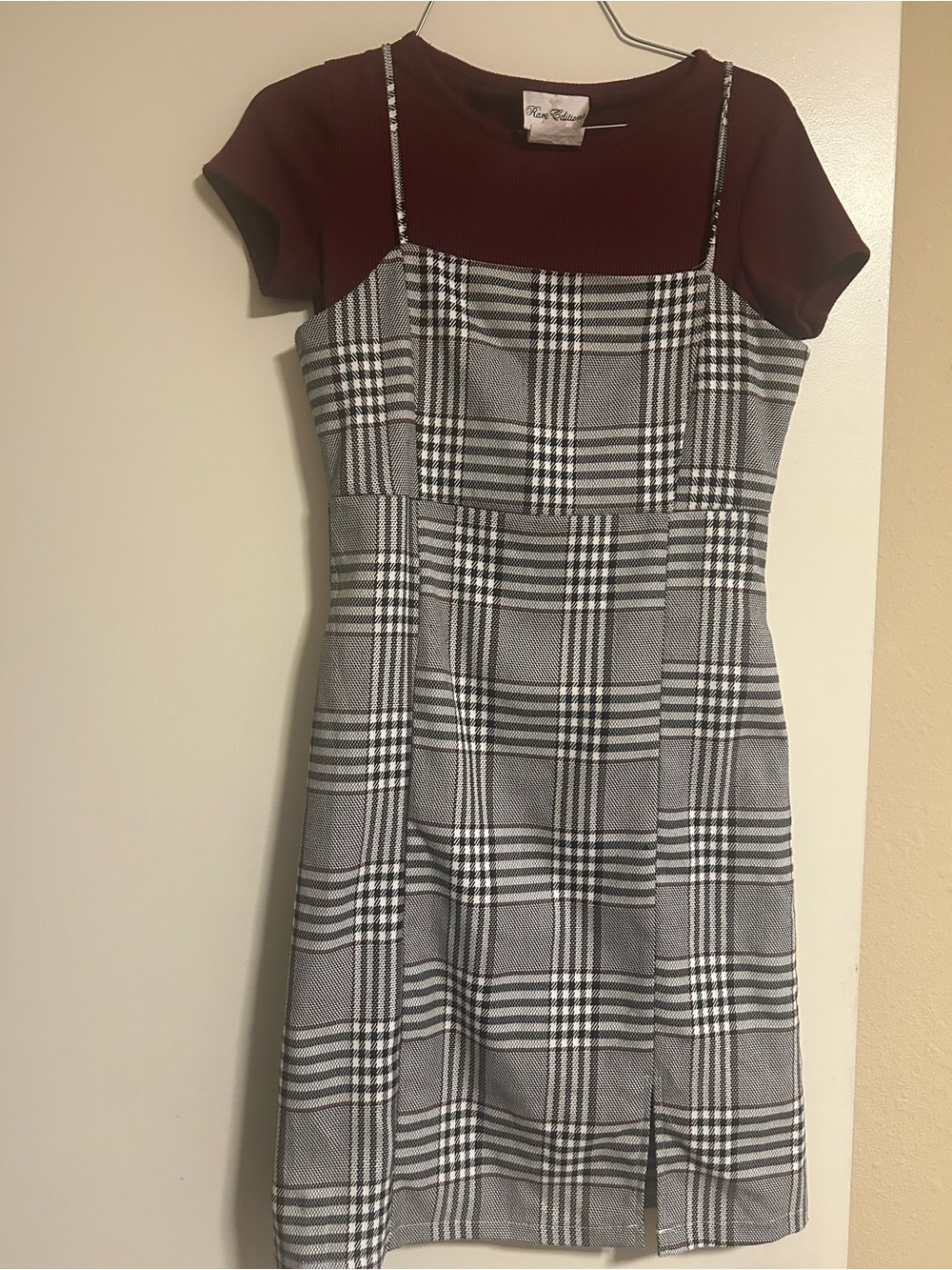 Rare Editions burgundy and black-and-white Plaid Layered Dress